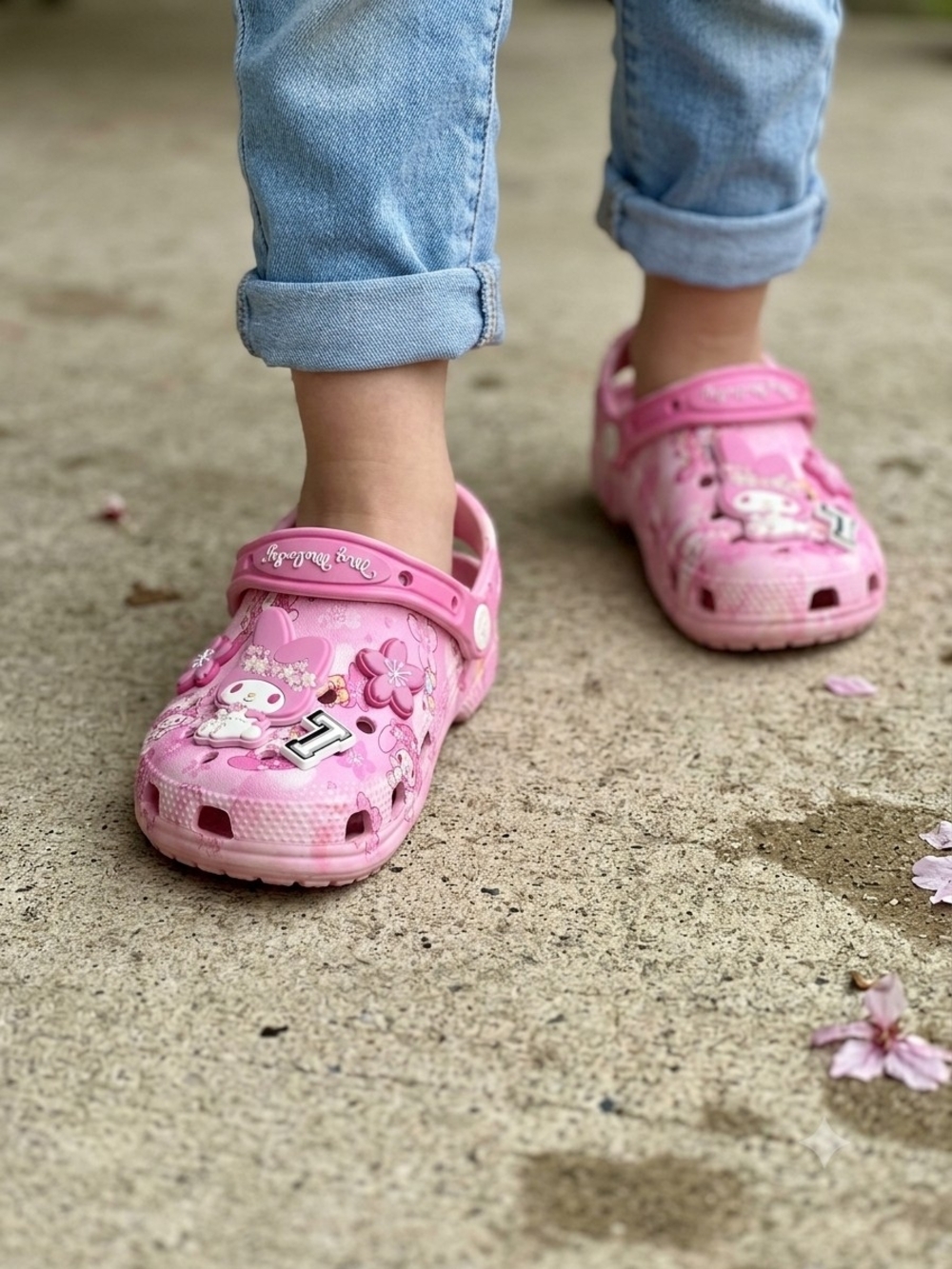 CROCS Kids Pink Character Clog Sandals with Floral Accents